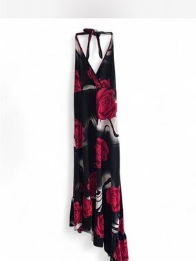 Vintage Black Halter Backless Maxi Dress with Red Rose Print